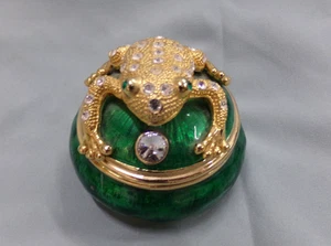 Portagioie tondo rana tono oro con occhi di strass verdi ~ senza marchio - Foto 1 di 7