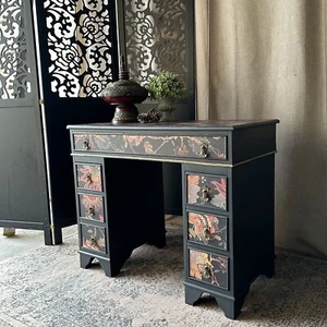 Vintage Desk Painted Black & Decoupaged Oriental Theme Twin Pedestal Desk - Picture 1 of 10