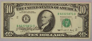 1990 $10 Federal Reserve Note Bill Dollar Signed Mary Ellen Withrow Treasurer - Picture 1 of 3