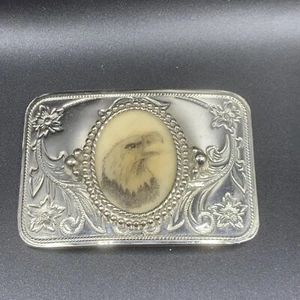 Vintage Western scroll belt buckle Chrome agate stone Eagle Engraving 3.5X2.5 - Picture 1 of 5