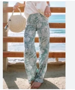 Oneill Johnny Beach Pants Womens XXL Green Floral Smocked Waist Full Length New - Picture 1 of 18