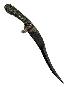 Indo Persian Silver Kofthgiri Worked Knife Dagger Abalone Grips Damascus Blade - Picture 1 of 11
