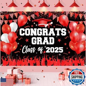Red Black Graduation Banner Decorations Red Congrats Grad Class of 2025 Banne - Picture 1 of 5