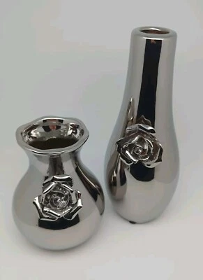 2 Pier 1 Imports CERAMIC 3D Rose Flower Vases Polished Silver Chrome Glaze READ! - Image 1 of 4