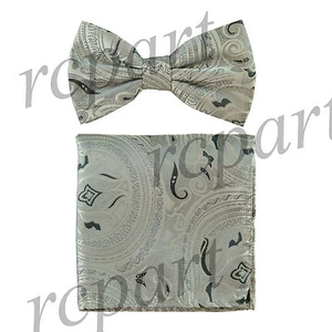 New Men Pre-tied Bow Tie & hankie set paisley floral silver gray formal wedding - Picture 1 of 4