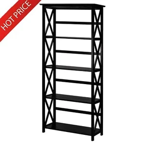 5-Shelf Bookcase Black Solid Wood Strong Contemporary Lightweight Easy Assemble - Picture 1 of 19