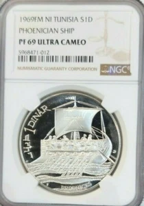 1969 TUNISIA SILVER 1 DINAR PHOENICIAN SHIP NGC PF 69 ULTRA CAMEO PQ TOP POP - Picture 1 of 4