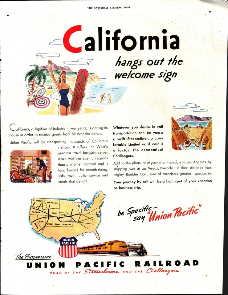 1946 UNION PACIFIC RAILROAD Добро пожаловать КАЛИФОРНИЯ печатная реклама e8 - Изображение 1 из 1