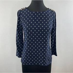 J. Crew 82583 Blue Beige Anchors Away Silk Shoulder Buttons Blouse Nautical 2 - Picture 1 of 7