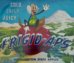 1950s Frigid-Aps Washington Apple Crate Label Yakima WA Cartoon Style 8x10 - Imagen 1 de 3