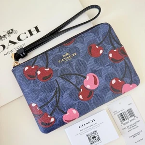Coach Pouch Wallet Corner Zip Wristlet Denim Cherry Pattern - Picture 1 of 6