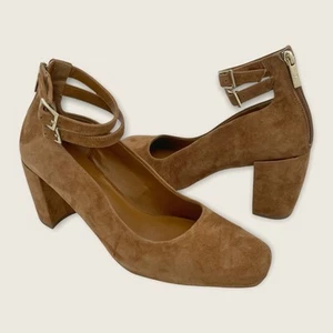 H by Halston Regina Brown Suede 3.25" Block Heel Pump Buckle Ankle Strap Zip 10 - Picture 1 of 8