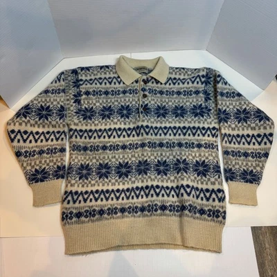 Vtg 100% Pure New Wool Crewfield Convertible Fair Isle Snowflake Polo Sweater L - Image 1 of 4