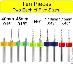 Drill Bit Set TEN Pieces - 2 Pieces of 5 Sizes: .4mm .45mm .040" 1.1mm 1.15mm D5 - Foto 1 di 4