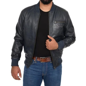 Leather Jacket Mens Biker Coat Motorcycle Vintage Men Bomber Lambskin Blue 115 - Picture 1 of 5