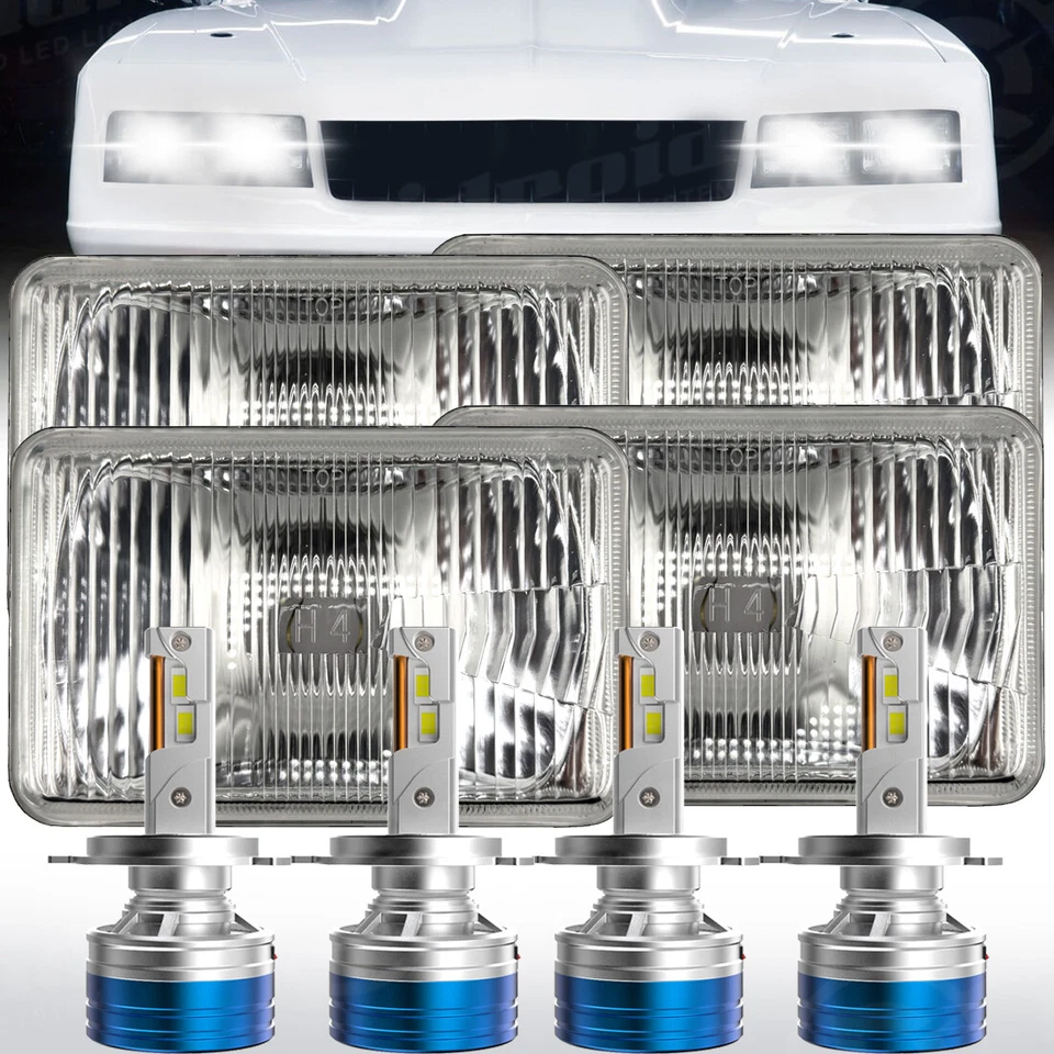 4x 4x6 FARO CONVERSIÓN H4 TRANSPARENTE SEMI SELLADO + BOMBILLAS LED H4 BLANCAS 6000K Foto 1 de 4