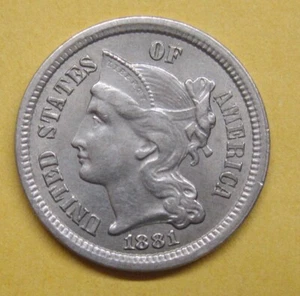 1881 Three Cent Nickel Cleaned Nice Die Crack Reverse Take a Look - Picture 1 of 2