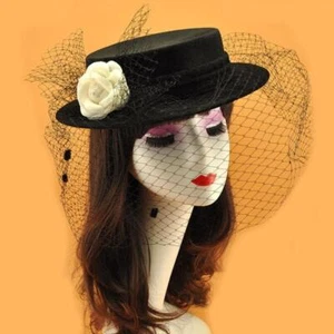Vintage Black Little Top Hat w/ Veil Mesh Hepburn Style Tophat Selfie Photo Prop - Picture 1 of 9