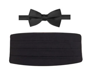 Men's Heavy Black Satin Adj. Fit All Pleated Cummerbund Pre Tied Bow Tie Nice - Picture 1 of 1