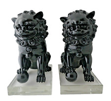 Modern pair of Black Chinese Foo Dogs on Large Lucite Base Bookends Statues