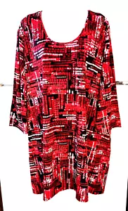 NEW WOMEN'S ULLA POPKEN RED BLACK ETC PRINT 3/4 SLEEVE TUNIC TOP PLUS SIZE 28/30 - Picture 1 of 4
