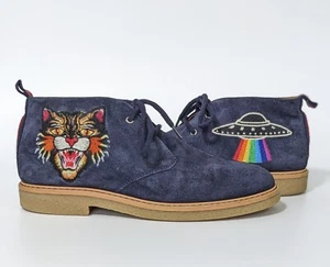 Gucci Wild Cat & Spaceship Motif Suede Leather Boots Blue Sz 35 EU/ 2 UK/ 5 US - Picture 1 of 15
