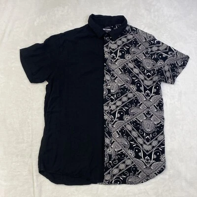 Hot Topic Short Sleeve Button Up Rayon Shirt Lightweight Black Bandana Split - Image 1 of 4