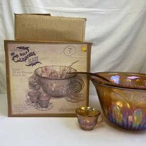 Indiana Glass Gold Carnival Iridescent Princess Punch Bowl Set Item 7447 w/ Box - Picture 1 of 10