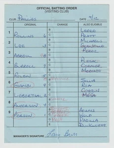 7-12-02 Philadelphia Phillies - Game Used Lineup Card - Scott Rolen & Bob Abreu - Picture 1 of 2