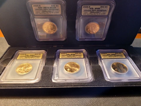 Sacagawea dollar 5 coin complete set. 2005 P&D SP69, 2005P&D MS67, 2005S PR70 Cover