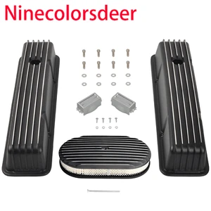 For SBC Chevy 58-86 Finned Tall Valve Covers & 15"Oval Air Cleaner Black - Bild 1 von 10