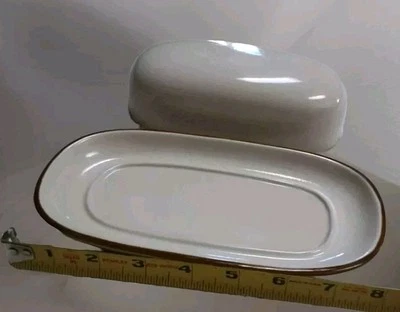  Excel butter dish cream brown rim mid century classic farmhouse simple country - Image 1 of 4