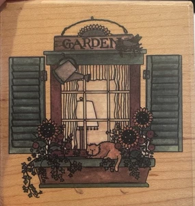 Debbie Mumm Wood Stamp Rubber Garden Window Cat Flowers - Picture 1 of 6