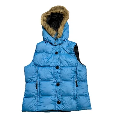LL Bean Goose Down Hooded Fur Trimmed Vest Ladies Large Blue - Image 1 of 4