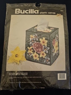 VTG Bucilla Plastic Canvas "Potpourri" Tissue Box Cover Needlecraft #6051 NOS  - Image 1 of 4