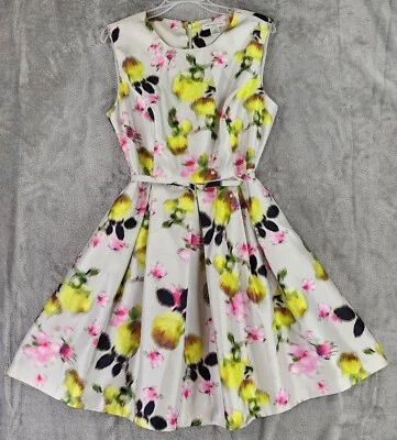 Liz Claiborne Dress Womens 14P Yellow Pink Floral Metallic Belted Pleated Mini - Image 1 of 4