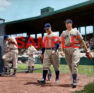 A worried Lou Gehrig & Joe DiMaggio walk past Ted Williams at the batting cage - Picture 1 of 2