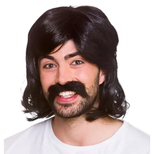 1970s Black Mens Disco Fever Wig 70s Adult Fancy Dress Wig + Tash - Picture 1 of 1