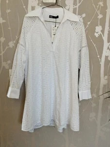 Haut tunique coupe broderie anglaise coton blanc Zara S Scandi minimum - Photo 1/16