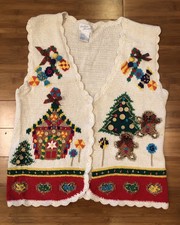 Ugly Christmas Sweater Vest Button-Down Gingerbread House White Women’s Size L