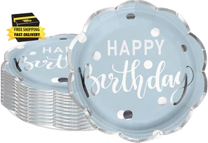 25Pcs Birthday Paper Plates - Happy Birthday Lettering in Blue Silver Foil Desig - Picture 1 of 7