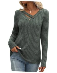 Long Sleeve Shirts for Women V Neck Fall Sweaters Dressy Medium Sage Green - Picture 1 of 7