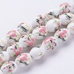 13" Strd Handmade Oval Porcelain Ceramic Beads Flower Printed Loose Beads 10x8mm