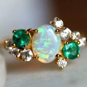 2.50 Ct Fire Opal & Emerald Round Diamond Halo Engagement Ring 14k Gold Plated - Picture 1 of 9