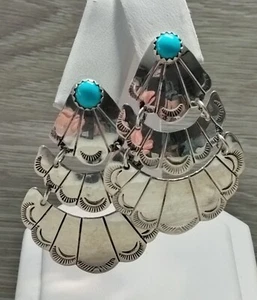 Native American Sterling Silver Multi Panel Guard Turquoise Stud Earrings FZ - Picture 1 of 4