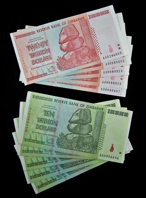 10 notas do Zimbábue - 5 x 10 e 20 trilhões de dólares /AA/2008 - moeda colecionável - Imagem 1 de 3