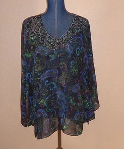 Top túnica transparente acanalada con cuentas cachemira 100 % seda Chico’s talla S/M - Imagen 1 de 5