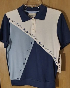 CLEARANCE NEW DONNKENNY Top Womens M Blue White Floral Embroidered Knit Shirt - Picture 1 of 8