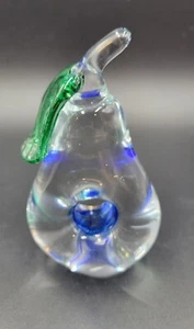 Egermann Czech Art Glass Clear Pear with Green Leaf Blue Center Hole Signed  - Picture 1 of 7