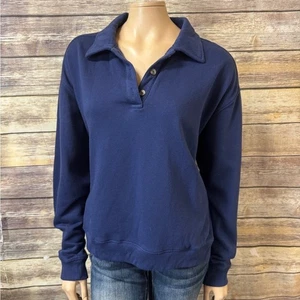 Victoria's Secret Pink Sweatshirt L Large Navy Blue Collared Button Neck - Picture 1 of 5
